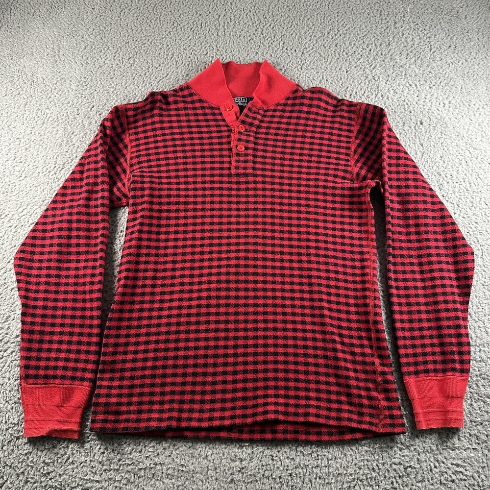 Vintage Polo Ralph Lauren Shirt Mens M Red Check Thermal Henley Cotton Hong Kong